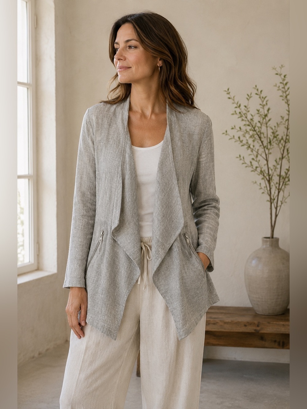 Sandwich Gray Open Front Linen Jacket Zipper Pockets Size 36 Minimalist Boho